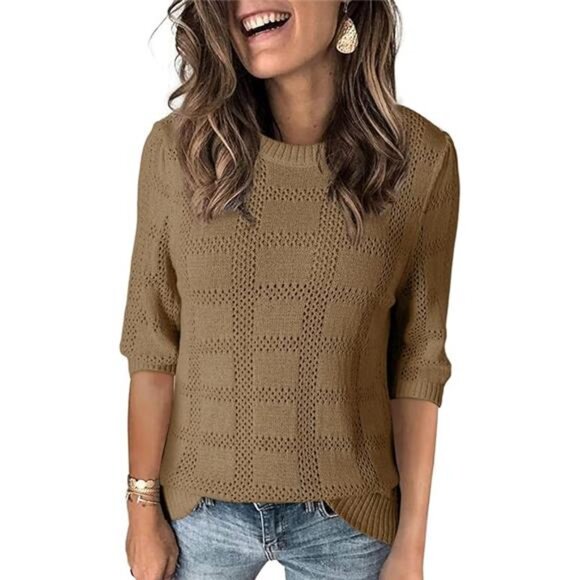 Women's Casual 3/4 Sleeve Loose Tunic Tops ,Crochet Knit Summer Sweaters Blouses - Picture 7 of 7